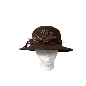 Vtg Setmar New York Brown 100% Wool Hat Feathers Amber Gemstone Cloche